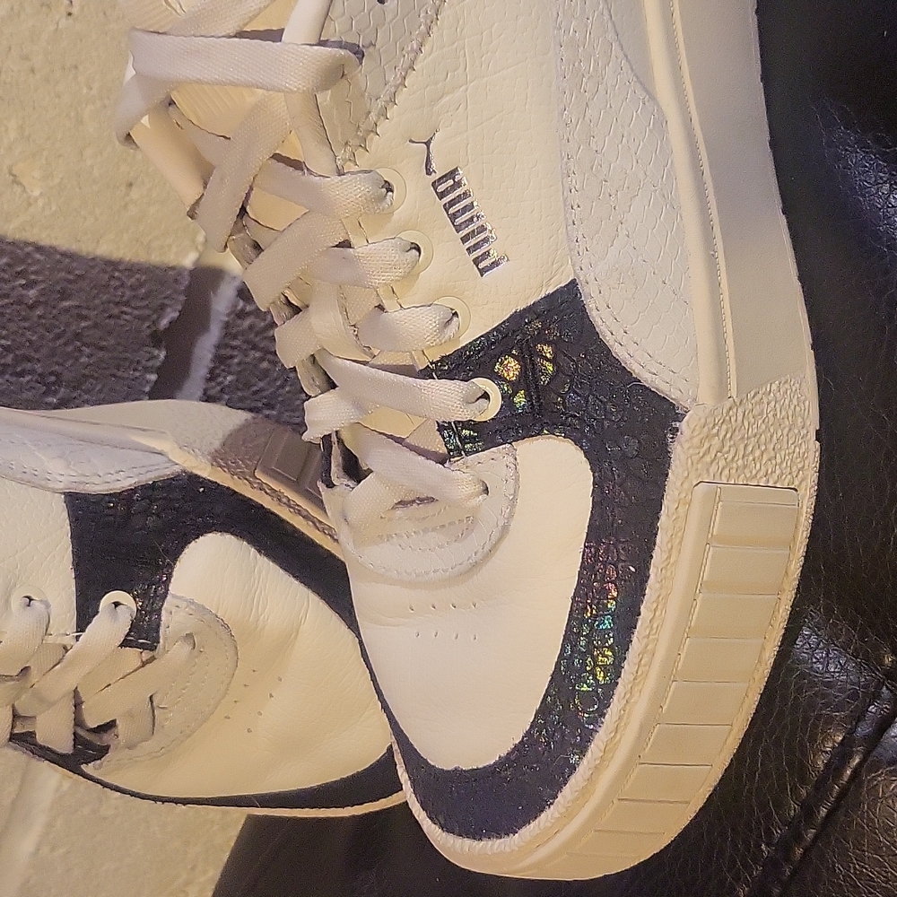 Puma platform sneakers, women's size 7, cream with black iridescent snake skin